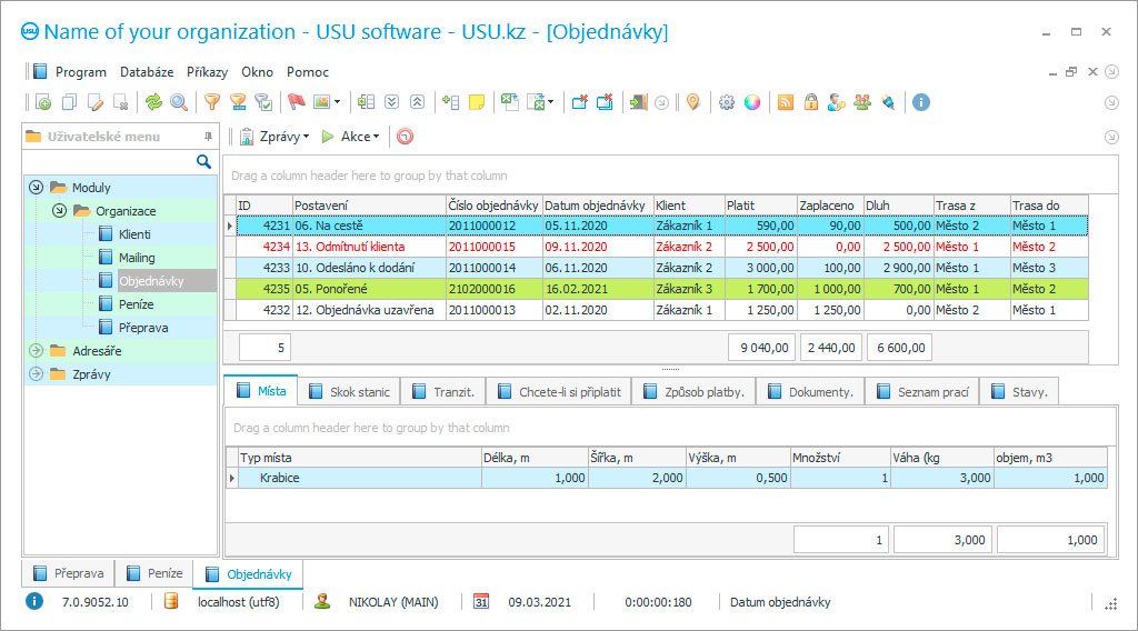 Účtování pro dispečera - Snímek obrazovky programu