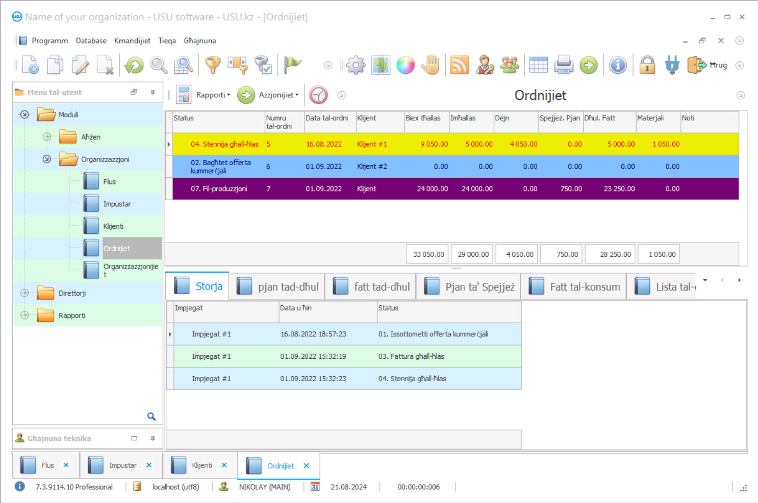 Programm ta 'kontabilità ta' ordnijiet - Screenshot tal-programm