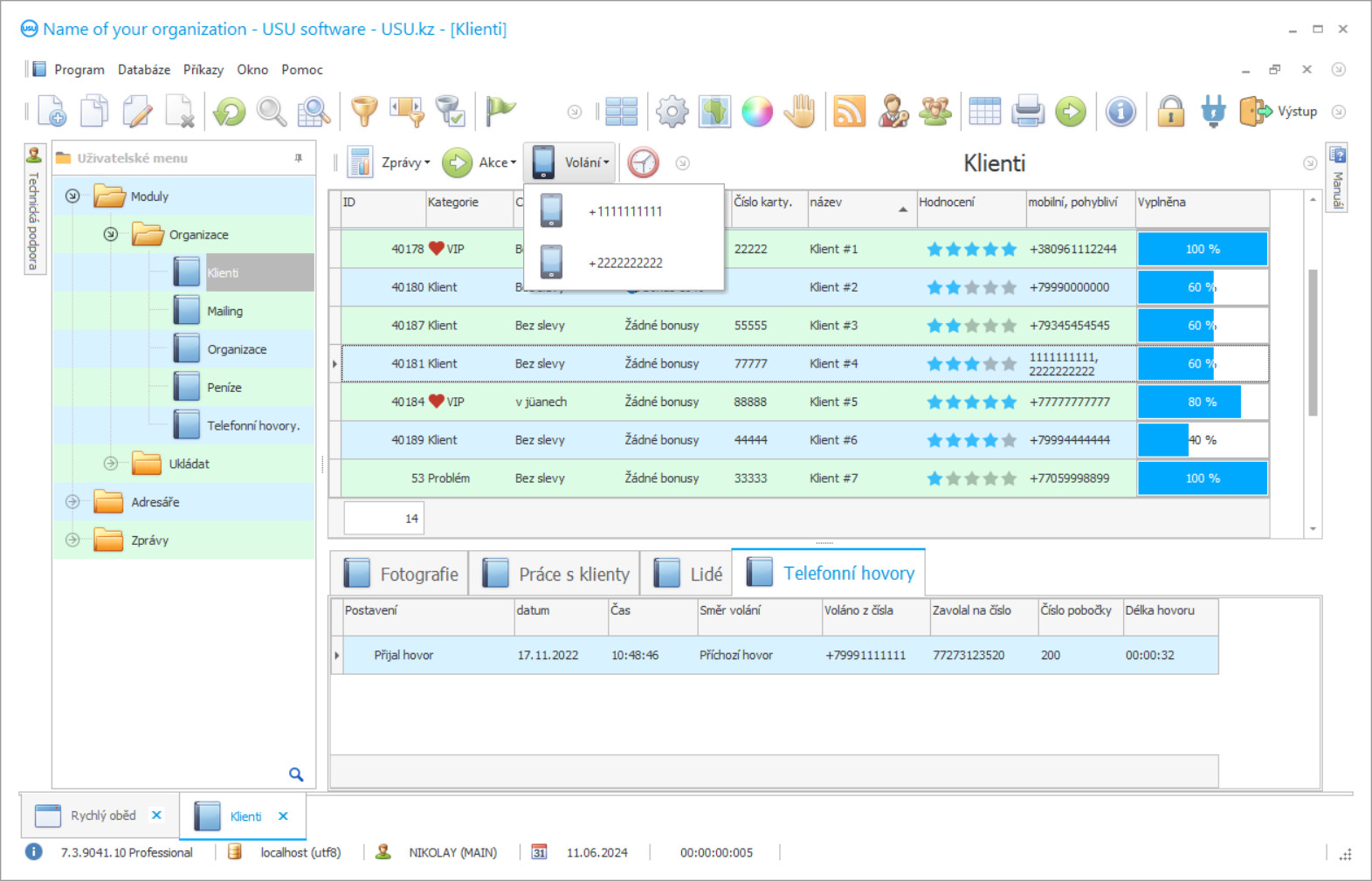 Program pro účtování hovorů - Snímek obrazovky programu