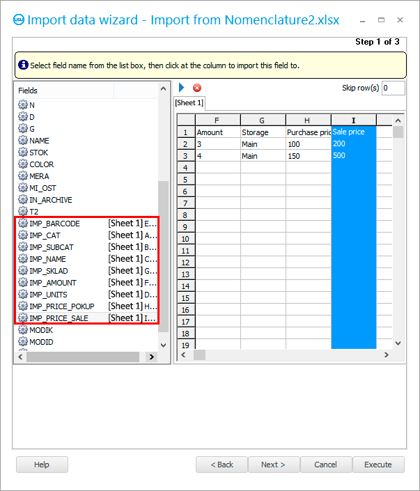 Verbinding van alle velde van die USU-program met kolomme uit die Excel-tabel