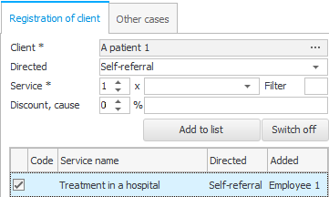 Treatment in a hospital