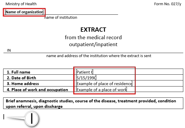 Automatically filled fields of the medical form No. 027 / y