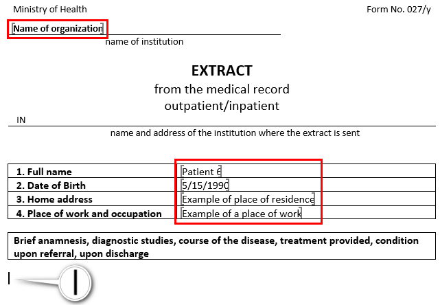 Automatisch ausgefüllte Felder des medizinischen Formulars Nr. 027 / y