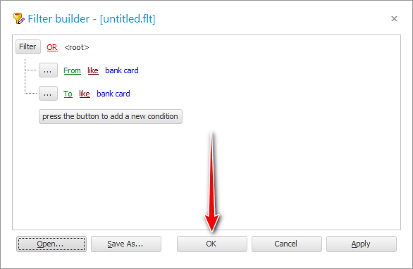 financial transactions. Filter by two fields. OK button