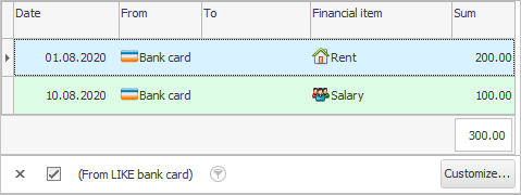 financial transactions. Single field filter