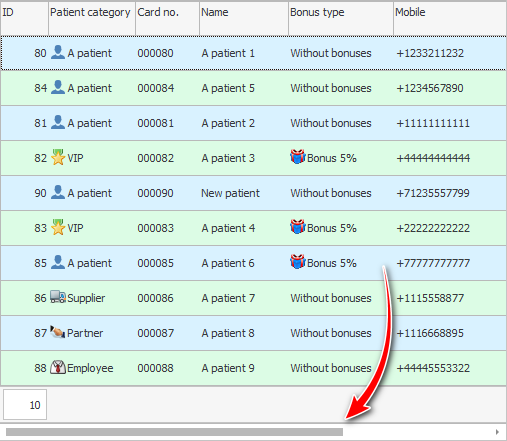Horizontal scroll bar in the patient list