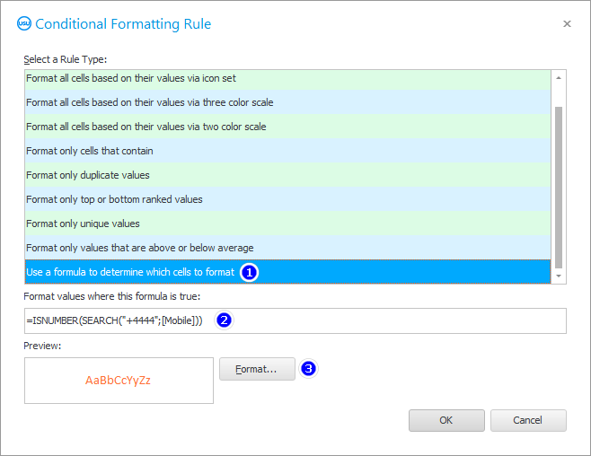 Formatting condition for a text field