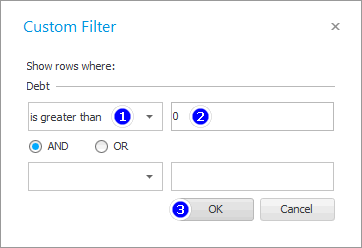 Filter. Skuld groter as nul