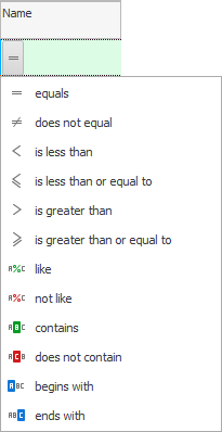 Comparison signs in the filter string