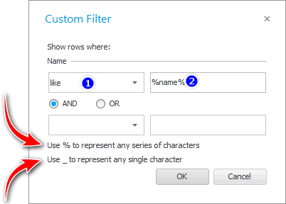 Using the small filter settings window