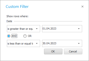 Two conditions in the filter settings window