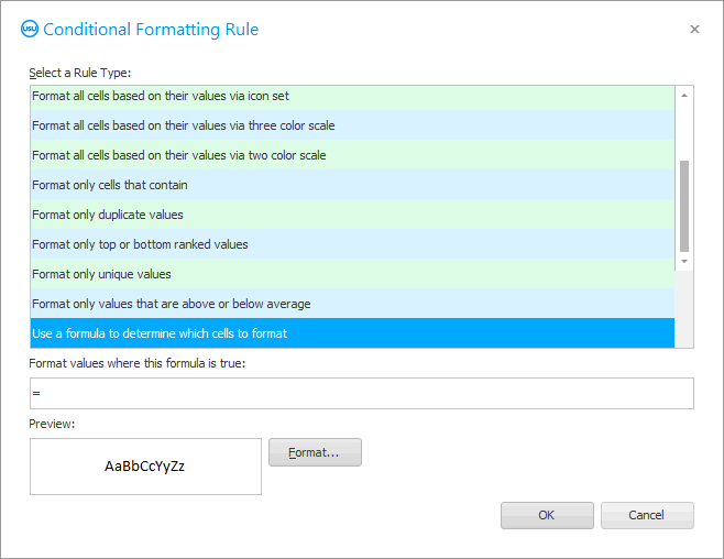 Conditional formatting window. Types of special effects
