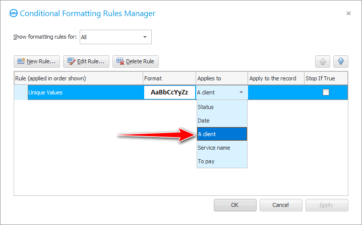 The condition for highlighting unique values is applied to a specific field