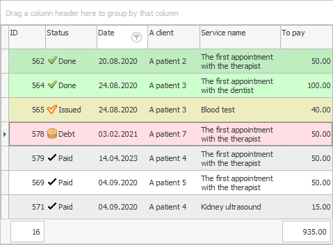 History of visits without data grouping