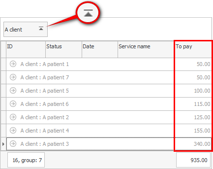 Sort the history of visits by the amount of money spent by the client