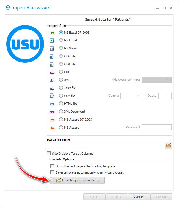 Import dialog. Download template with settings