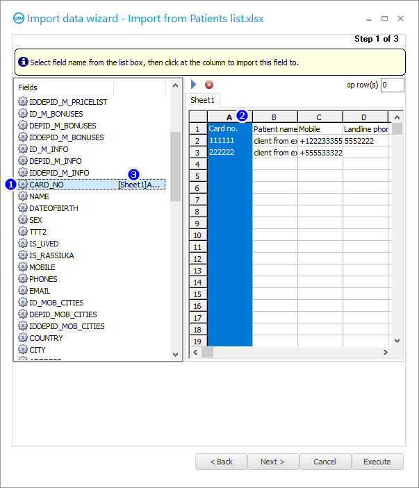 Import dialog. Step 1. Linking one field of the program with a column from an Excel spreadsheet