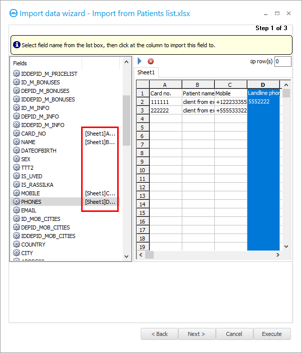 Sammenkædning af alle felter i USU-programmet med kolonner fra et Excel-regneark