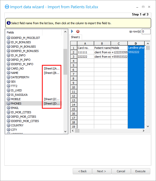 Lyen tout jaden nan pwogram USU a ak kolòn ki soti nan yon calcul Excel