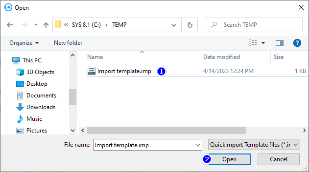 Selecting a file with import settings