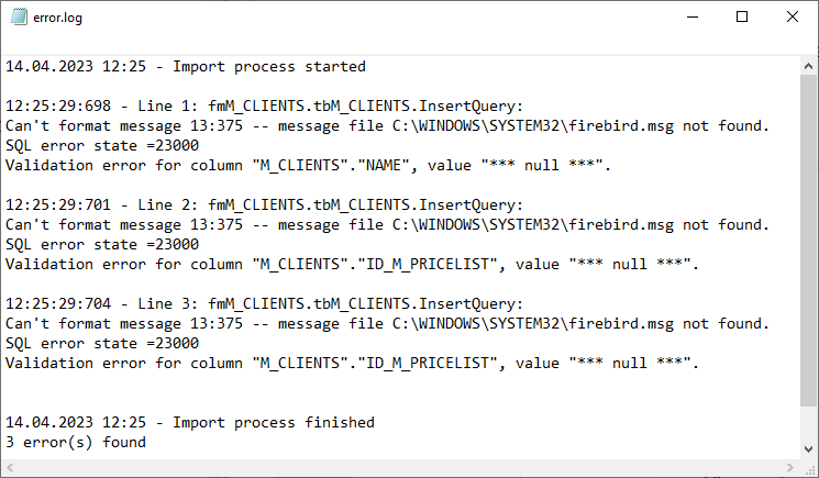 Import log with errors