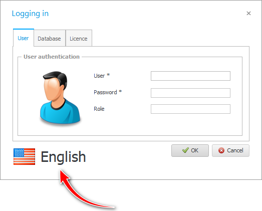 Login window with selected language
