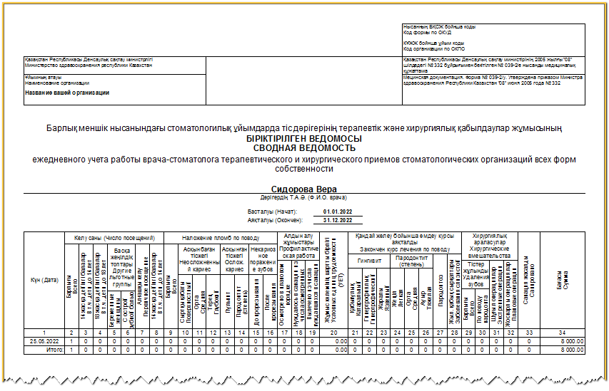 Form 039-2 / y - a summary sheet of daily records of the work of a dentist in a therapeutic and surgical reception of dental organizations
