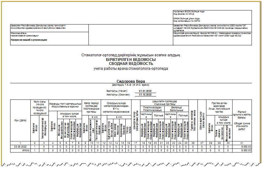 Form 034-2 / y - a summary sheet of daily records of the work of a dentist orthopedic reception of dental organizations