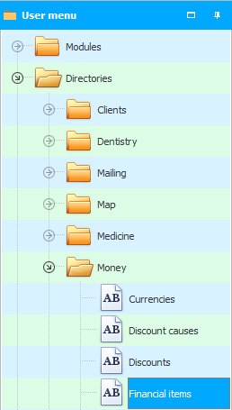 Menu. Cash flow items