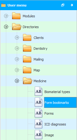 Menu. Form bookmarks