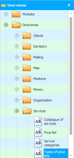 Menu. Types of price lists