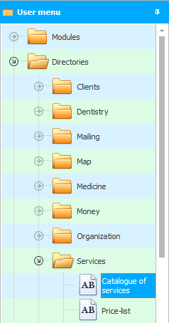 Menu. Service catalog