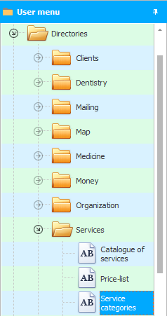 Menu. Service categories