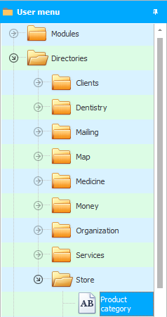 Menu. Categories and subcategories of goods