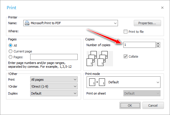Print dialog. Number of copies
