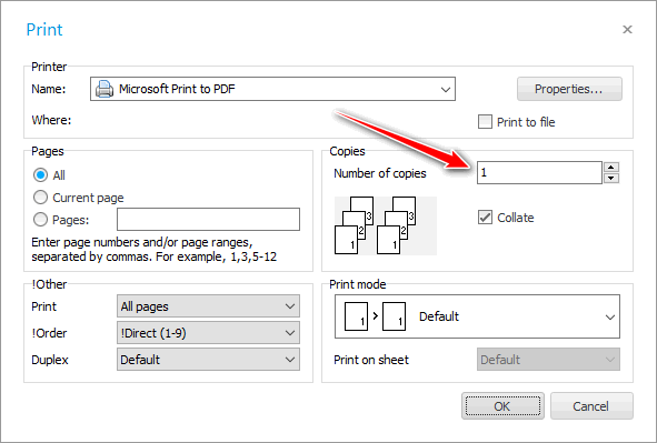 Діалог друку. Кількість копій