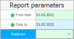 Report options. Dates and employee are indicated