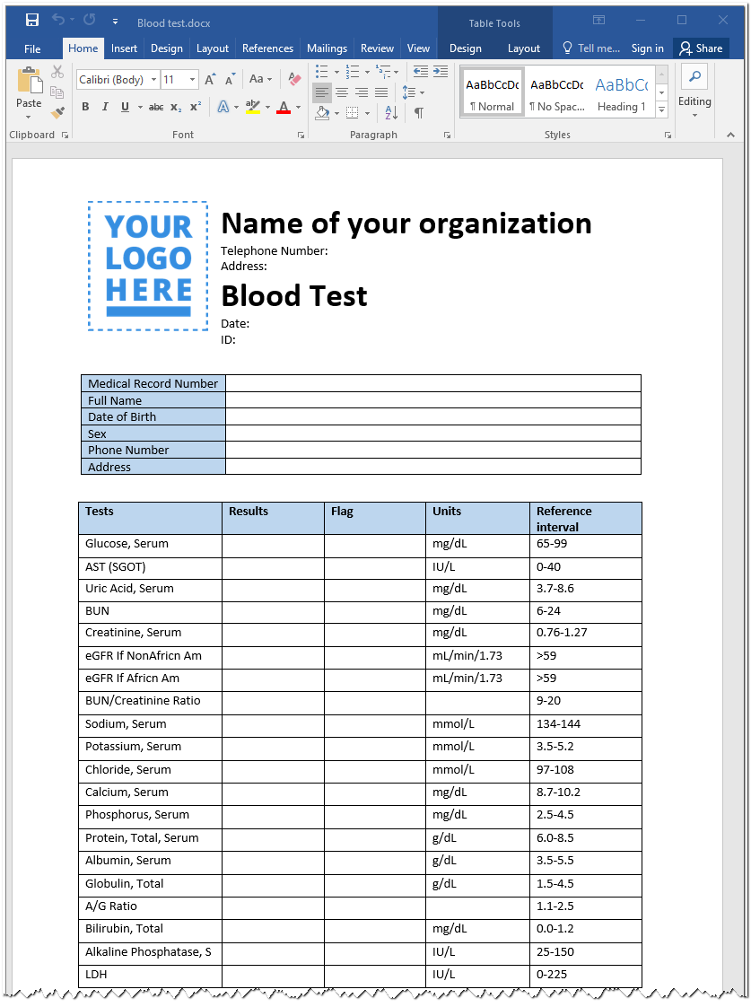 Form 028 / y - Biochemical blood test