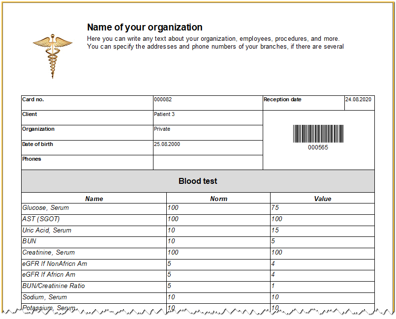 Form with the results of the study