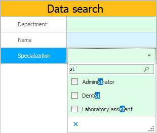 Search for employees by position or specialization. Filtered values