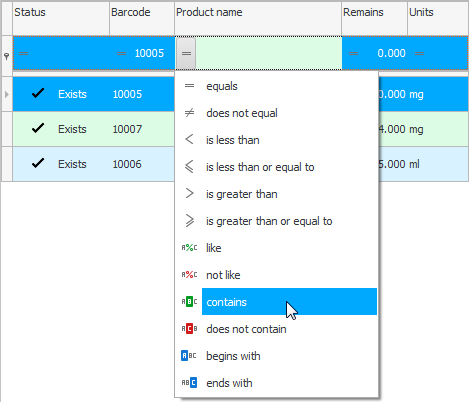 Filter line in the item nomenclature