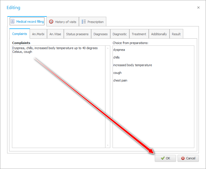 Saving the entered information in the electronic patient record