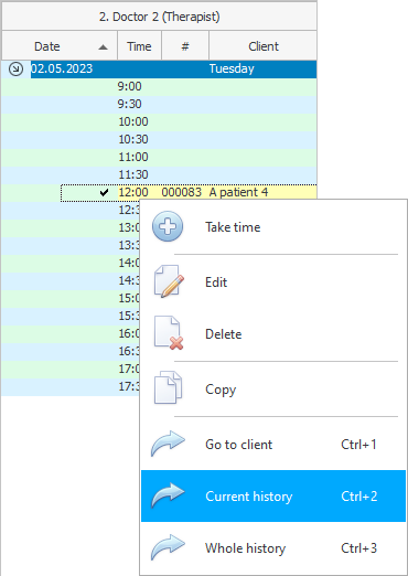 Switching to the patient's medical history for the selected day