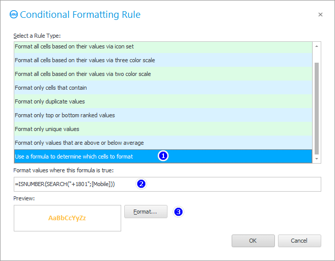 Formatting condition for a text field