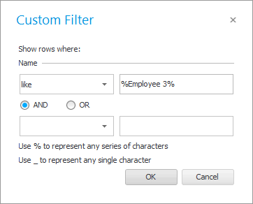 Using the small filter settings window