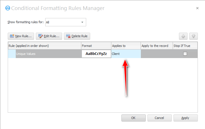 The condition for highlighting unique values is applied to a specific field