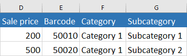 Fields for importing the composition of the invoice. Continuation