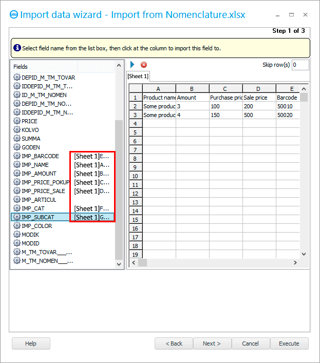 Relationship of fields with columns of an excel table