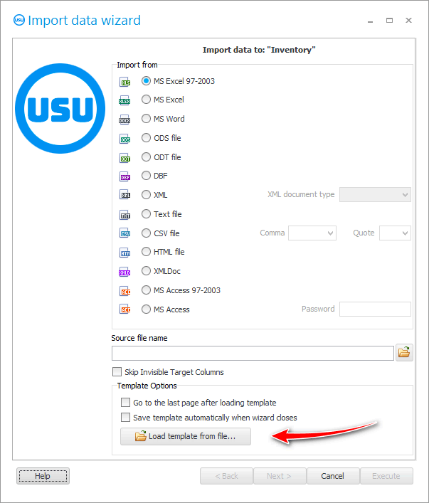 Import dialog. Download template with settings