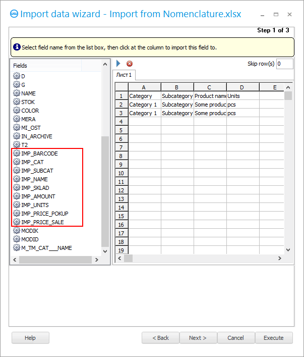 Boîte de dialogue d'importation. Étape 1